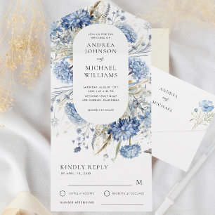 Navy Dusty Blue Floral Spring Bloom Wedding RSVP All In One Invitation