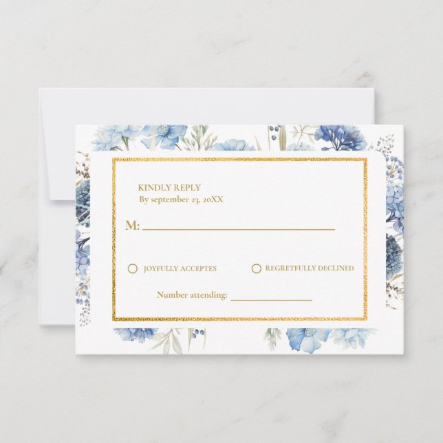 Navy Dusty Blue Floral  Spring Bloom Wedding  RSVP Card (Front)