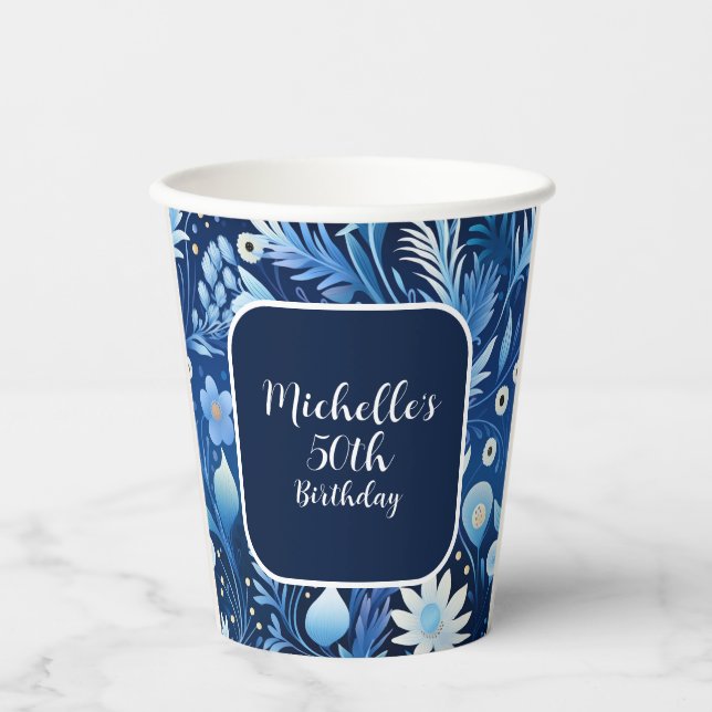 Navy Dusty Blue Flowers 50th Birthday  Paper Cups (Front)