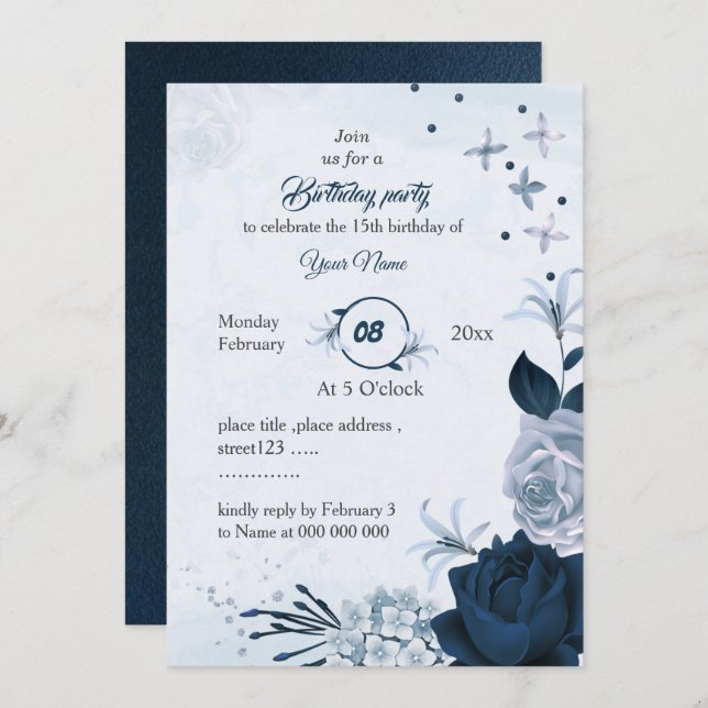 navy &dusty blue flowers birthday  invitation (Front/Back)