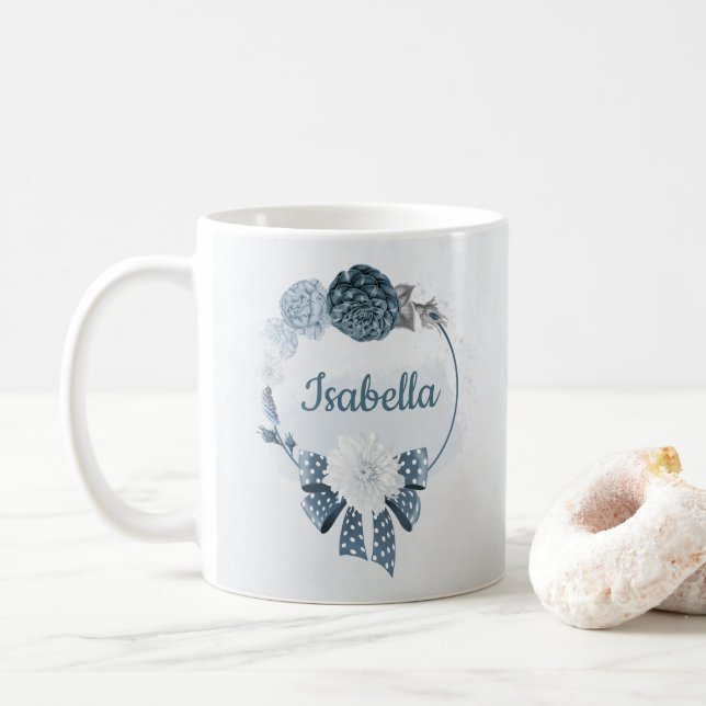 navy dusty blue flowers botanical  coffee mug (With Donut)
