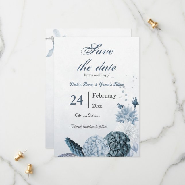 navy dusty blue flowers botanical wedding save the date (Front/Back In Situ)