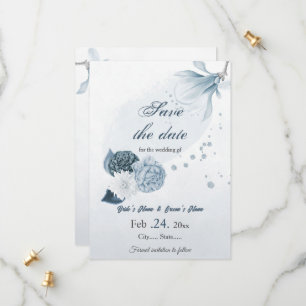 navy dusty blue flowers botanical wedding save the date