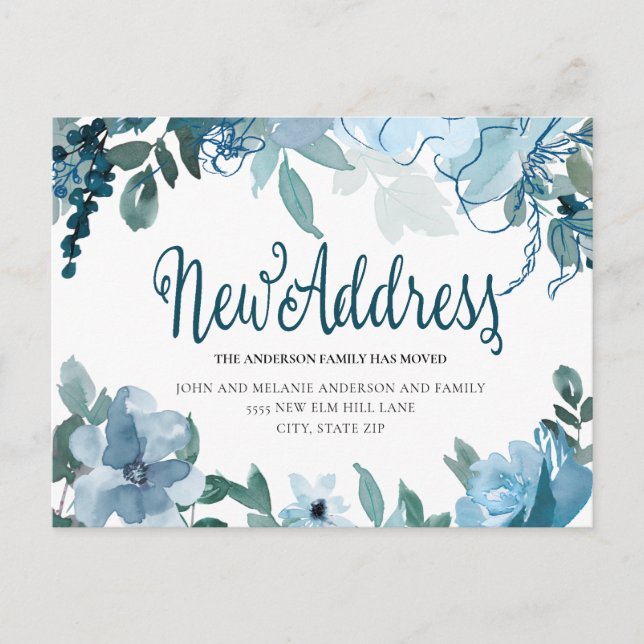 Navy Dusty Blue Flowers Cute Change Address Postcard (Front)