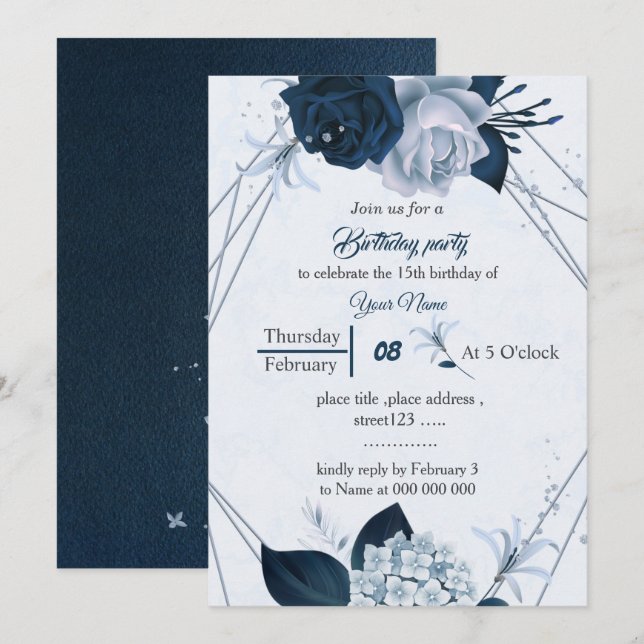 navy &dusty blue flowers geometric birthday invitation (Front/Back)