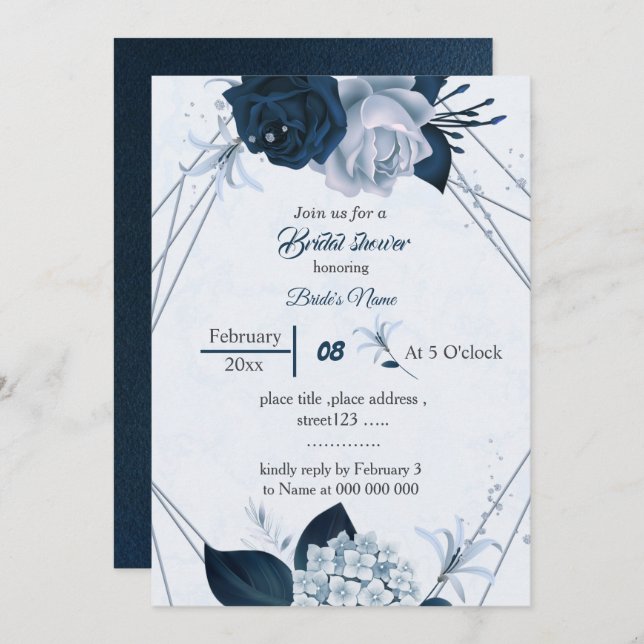 navy &dusty blue flowers geometric bridal shower invitation (Front/Back)