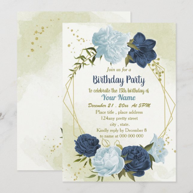 navy dusty blue flowers green leaves birthday invitation (Front/Back)