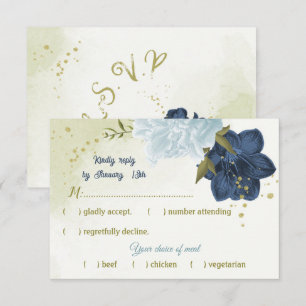 navy dusty blue flowers green leaves  RSVP card
