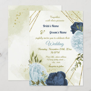 navy dusty blue flowers green leaves wedding invitation