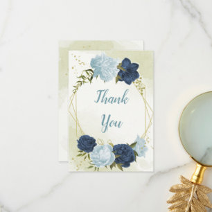 navy dusty blue flowers green leaves wedding thank you card