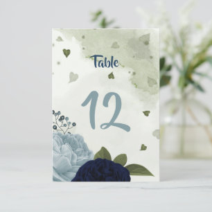 navy & dusty blue flowers green table number