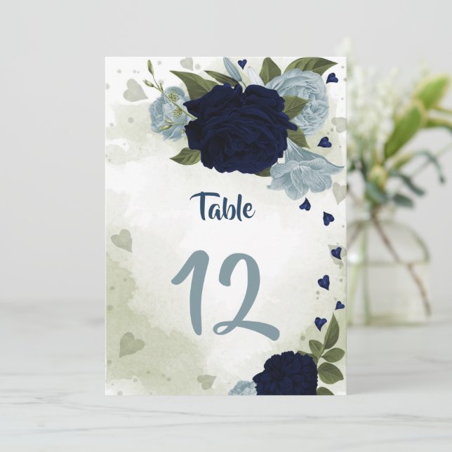 navy & dusty blue flowers green table number (Standing Front)