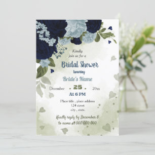 navy & dusty blue  flowers greenery bridal shower invitation