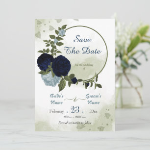 navy & dusty blue flowers greenery wreath  save the date