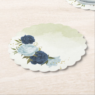navy dusty blue flowers wedding paper coaster