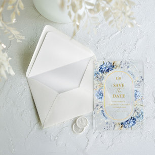 Navy Dusty Blue Gold Floral Spring Bloom Wedding  Acrylic Invitations