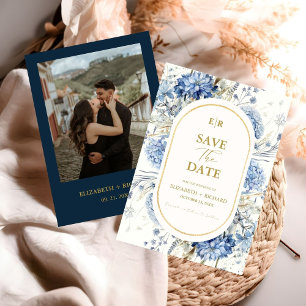 Navy Dusty Blue Gold Floral Spring Bloom Wedding Invitation