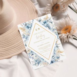 Navy Dusty Blue Gold Floral Spring Bloom Wedding  Invitation