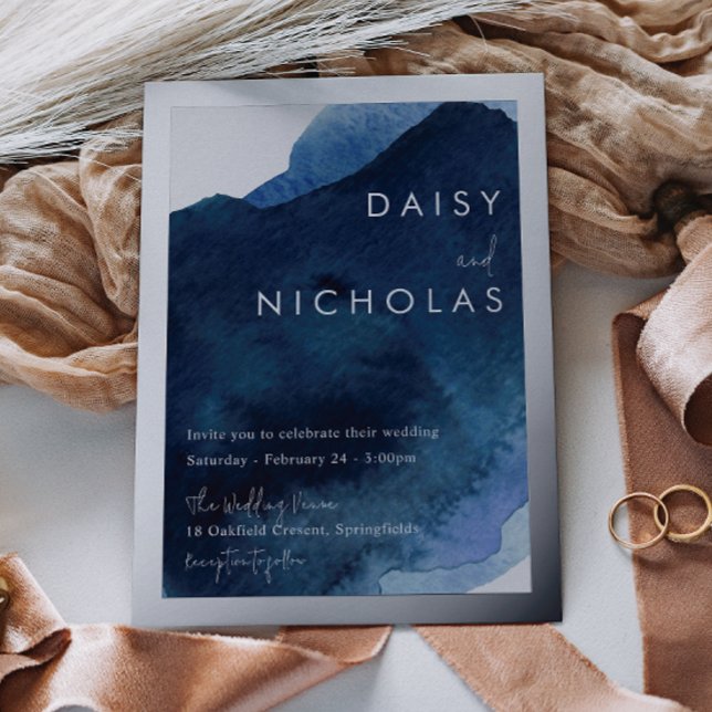 Navy Dusty Blue Ocean Watercolor Wedding Silver  (Creator Uploaded)