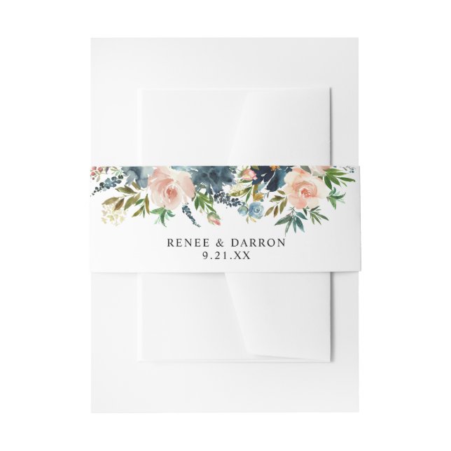 Navy & Dusty Blue Pink Blush Floral 2 Invitation Belly Band (Front Example)