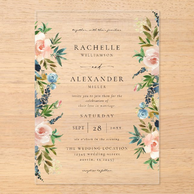 Navy, Dusty Blue & Pink Floral Wedding V2  Acrylic Invitations (Front)
