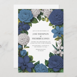 Navy, Dusty Blue & Silver Floral Wedding Invitation