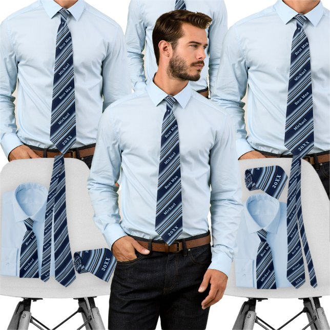 Navy Dusty Blue Striped Custom Name Bachelor Party Tie (Creator Uploaded)