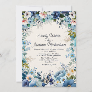 Navy Dusty Blue Watercolor Floral Wedding Invitation