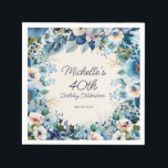 Navy Dusty Blue White Floral 40th Birthday Napkin<br><div class="desc">Elegant navy and dusty blue with white watercolor floral 40th birthday party paper napkins for women. Personalized with the name of the guest-of-honour and her party date. Contact me for assistance with your customizations or to request additional matching or coordinating Zazzle products for your event.</div>