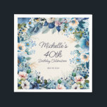 Navy Dusty Blue White Floral 40th Birthday Napkin<br><div class="desc">Elegant navy and dusty blue with white watercolor floral 40th birthday party paper napkins for women. Personalized with the name of the guest-of-honour and her party date. Contact me for assistance with your customizations or to request additional matching or coordinating Zazzle products for your event.</div>
