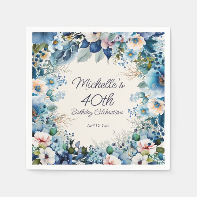 Navy Dusty Blue White Floral 40th Birthday Napkin (Front)