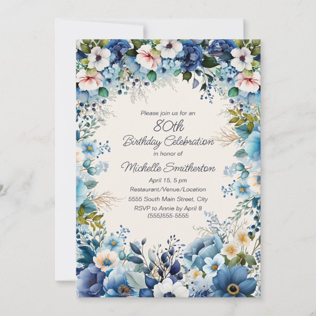 Navy Dusty Blue White Floral 75th Birthday  Invitation (Front)