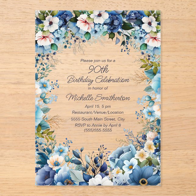 Navy Dusty Blue White Floral 90th Birthday  Acrylic Invitations (Front)