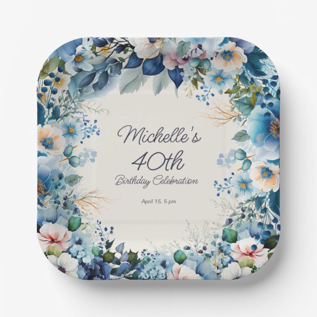 Navy Dusty Blue White Floral Women's 40th Birthday Paper Plate (Front)