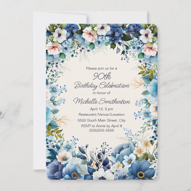 Navy Dusty Blue White Flowers 90th Birthday Invitation (Front)