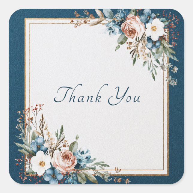 Navy Dusty Pink Rose Blue Floral Gold Frame Square Sticker (Front)