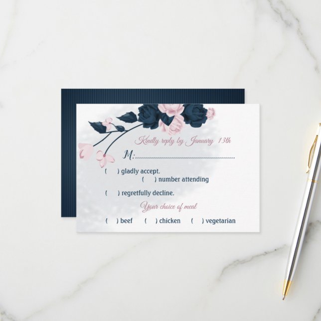navy & dusty rose flowers meal choice  RSVP card (Front/Back In Situ)