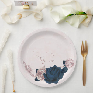 navy & dusty rose flowers paper plate