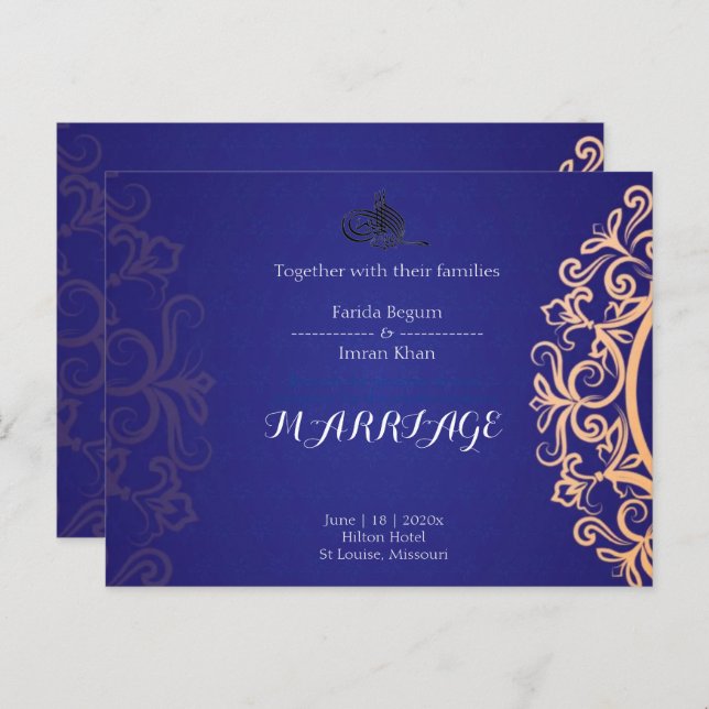 Navy Elegant Blue Muslim wedding Invitation  Postcard (Front/Back)