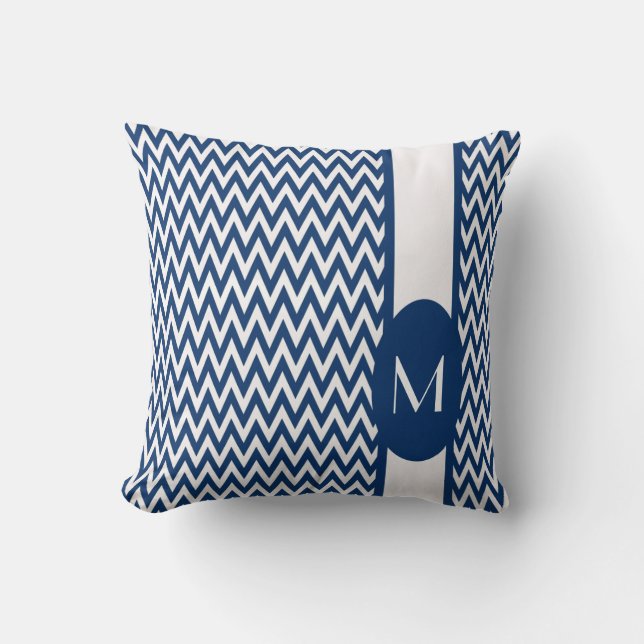 Navy Elegant Chevron Design with monogram Throw Pillow (Front)