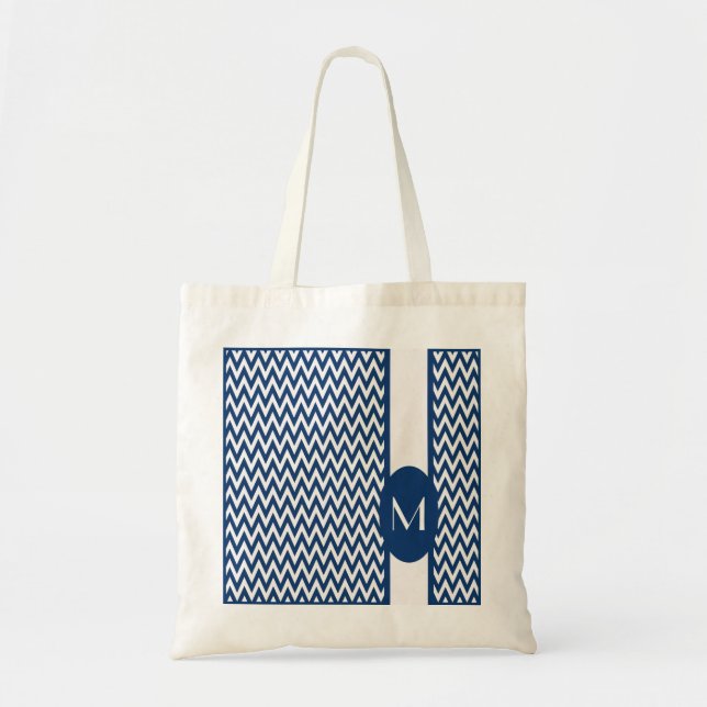 Navy Elegant Chevron Design with monogram Tote Bag (Front)
