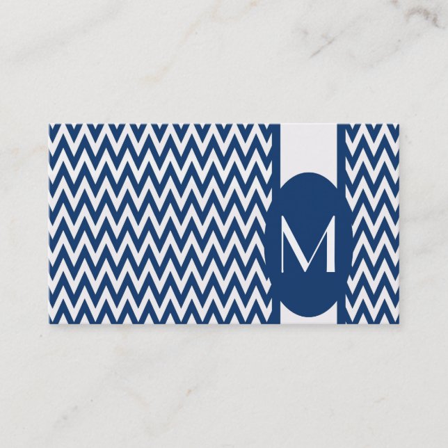 Navy Elegant Chevron Monogram Business Card (Front)