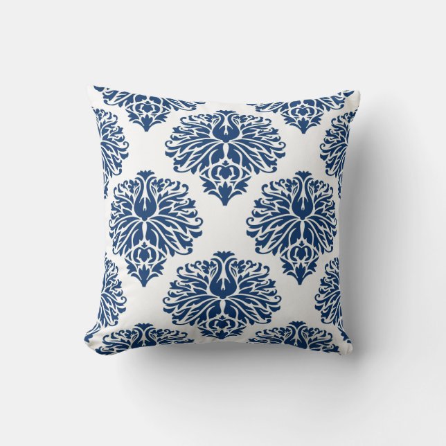 Navy Elegant Damask Throw Pillow (Front)
