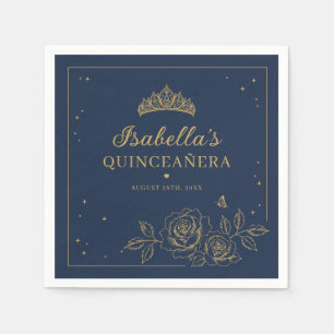 Navy Elegant Gold Floral Quinceañera Napkin