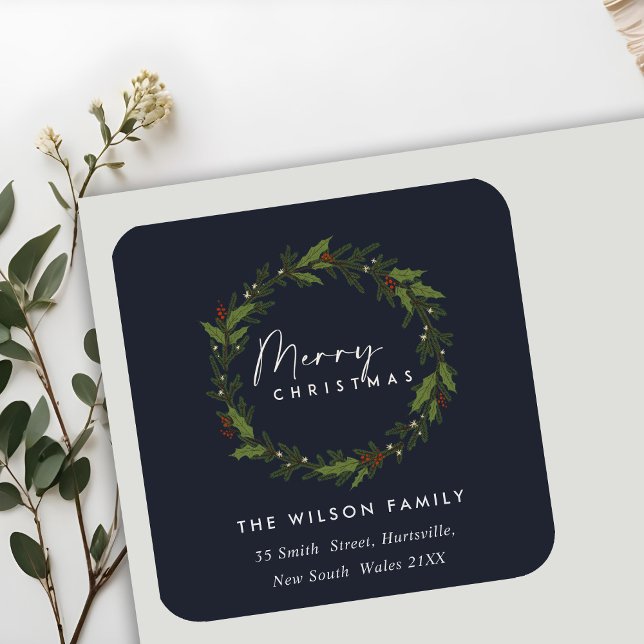 NAVY ELEGANT HOLLY BERRY WREATH CHRISTMAS ADDRESS SQUARE STICKER (Creator Uploaded)
