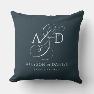 Navy Elegant Initial Script Monogram Wedding Throw Pillow