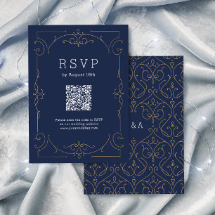 Navy elegant modern classic vintage QR code RSVP Card