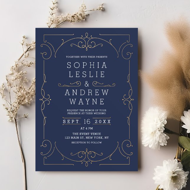 Navy elegant modern classic vintage wedding invitation (Navy elegant modern classic vintage wedding invitation)