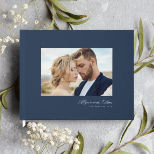 Navy Elegant Modern Simple Script Photo Wedding Guest Book