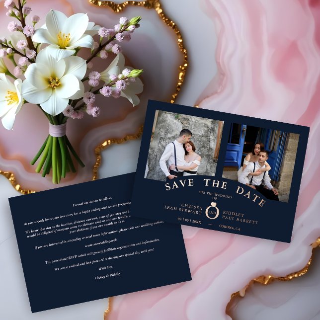 Navy Elegant Rose Gold 2 Photos Sophisticated  (Navy Elegant Rose Gold 2 Photos Sophisticated Wedding Real Metallic Foil Save the Cards.)